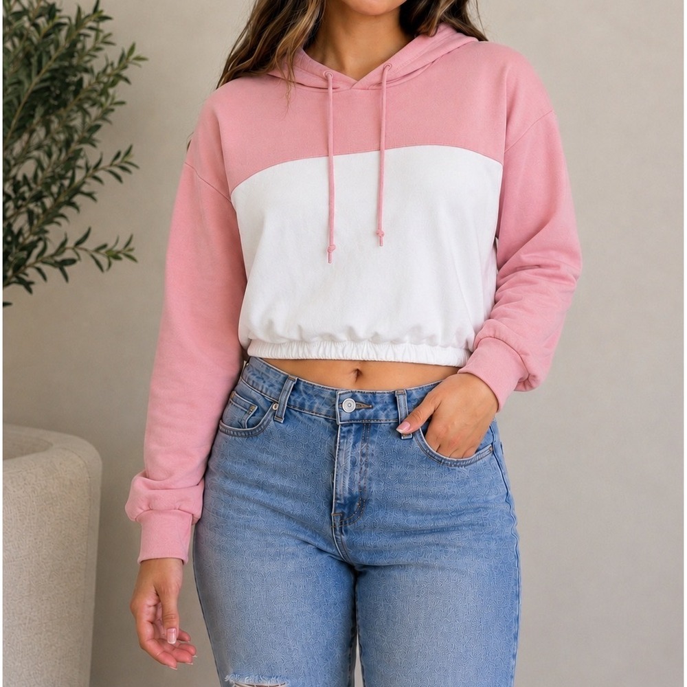 Sweet Rain Womens Pink White Colorblock Cropped Hoodie Sweatshirt Size M